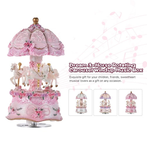 Luxury Dream 3-Horse Rotating Carousel Merry-go-round Windup Music Box