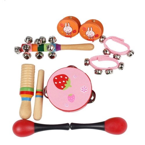 10pcs/set Musical Toys Percussion Instruments Band Rhythm Kit Including Tambourine Maracas Castanets Handbells Wooden Guiro for Kids Children Toddlers