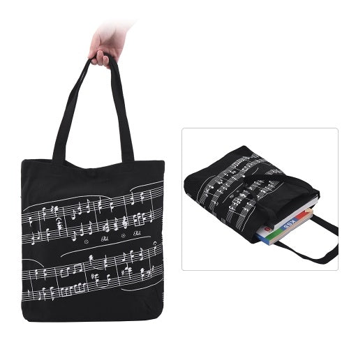 Washable Cotton Cloth Handbag Music Tote Shoulder Grocery Shopping Bag with Magnetic Button Musical Notation Pattern