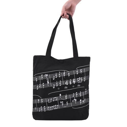 Washable Cotton Cloth Handbag Music Tote Shoulder Grocery Shopping Bag with Magnetic Button Musical Notation Pattern