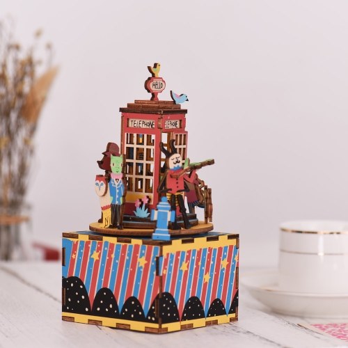 Wooden Hand Crank Music Box DIY Set Cartoon Telephone Booth Design Christmas Birthday Musical Gift Festival Presents for Friends Lovers