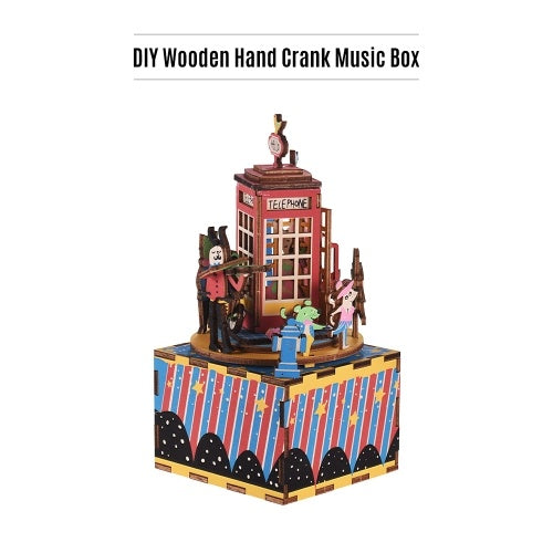 Wooden Hand Crank Music Box DIY Set Cartoon Telephone Booth Design Christmas Birthday Musical Gift Festival Presents for Friends Lovers