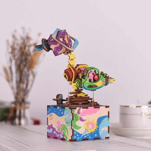 Wooden Hand Crank Music Box DIY Set Cartoon Airship Design Christmas Birthday Musical Gift Festival Presents for Friends Lovers