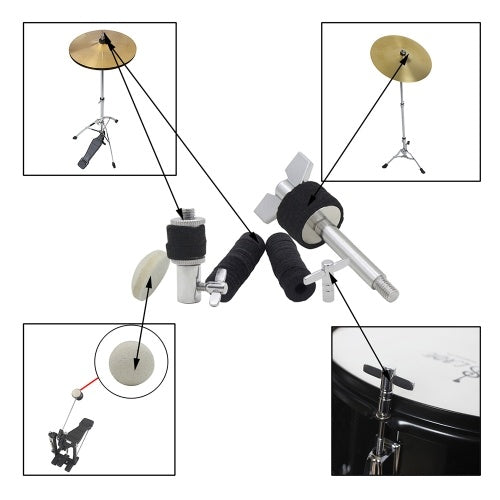 Drum Set Accessories Kit Including Hi-Hat Clutch + Wool Felt Pad for Bass Drum Pedal Beater + 10pcs Cymbal Felt Washers + Cymbal Stacker + Drum Key