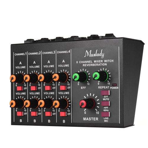 Muslady M-228A Compact Size 8-channel Mono/Stereo Audio Sound Mixer with Reverberation Function 60Hz Frequency Cutting