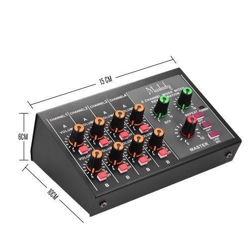 Muslady M-228A Compact Size 8-channel Mono/Stereo Audio Sound Mixer with Reverberation Function 60Hz Frequency Cutting