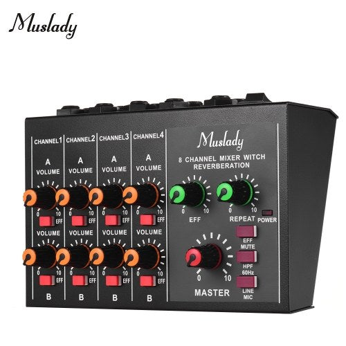 Muslady M-228A Compact Size 8-channel Mono/Stereo Audio Sound Mixer with Reverberation Function 60Hz Frequency Cutting