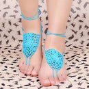 Blue Cotton Thread Crochet Foot Chain Bracelet Anklet Netlike Pattern Beach Barefoot Sandal