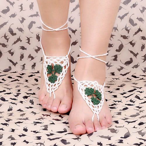 Cotton Thread Crochet Foot Chain Bracelet Anklet Maple Leaf Triangle Beach Barefoot Sandal Blue