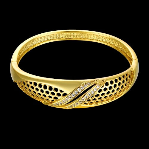 Brass Bangle Bracelet Embedded with AAA Zircon with An Opening & Hexagon Nets Golden & Rose Golden Fashional Accessories for Women