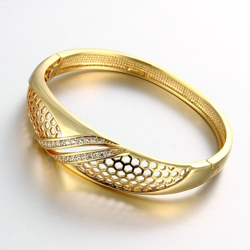 Brass Bangle Bracelet Embedded with AAA Zircon with An Opening & Hexagon Nets Golden & Rose Golden Fashional Accessories for Women