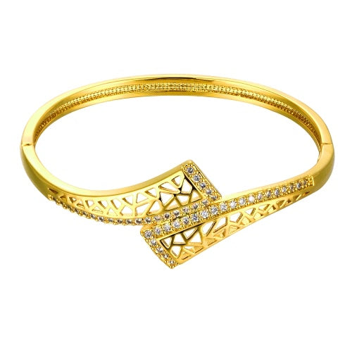 Brass Bangle Bracelet Embedded with AAA Zircon with An Opening & Triangle Nets Golden & Rose Golden Fashional Accessories for Women