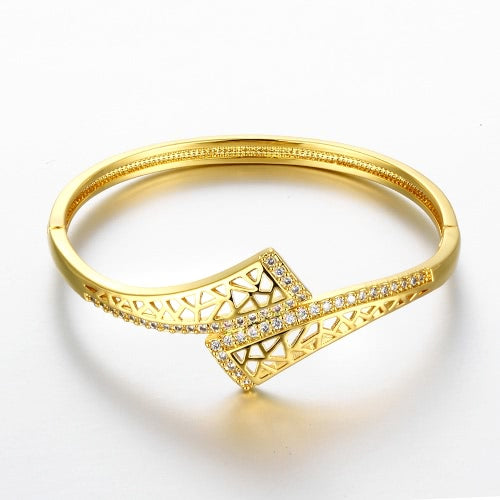 Brass Bangle Bracelet Embedded with AAA Zircon with An Opening & Triangle Nets Golden & Rose Golden Fashional Accessories for Women