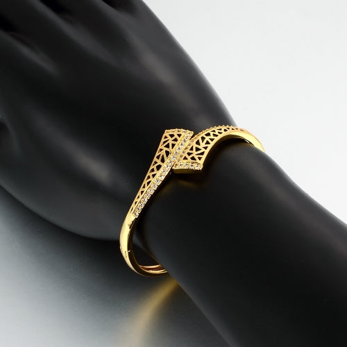 Brass Bangle Bracelet Embedded with AAA Zircon with An Opening & Triangle Nets Golden & Rose Golden Fashional Accessories for Women