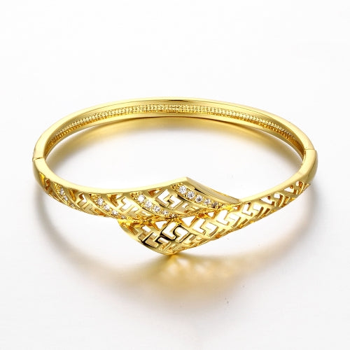 Brass Bangle Bracelet Embedded with AAA Zircon with An Opening & Hollow Lines Golden & Rose Golden Fashional Accessories for Women