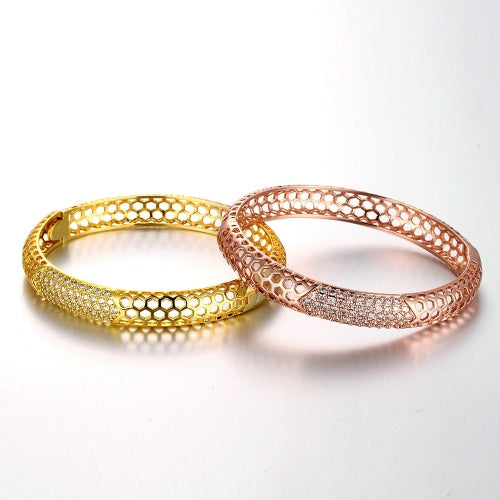 Hollow Hexagons Brass Bangle Bracelet Embedded with AAA Zircon with An Opening Golden & Rose Golden Fashional Accessories for Women