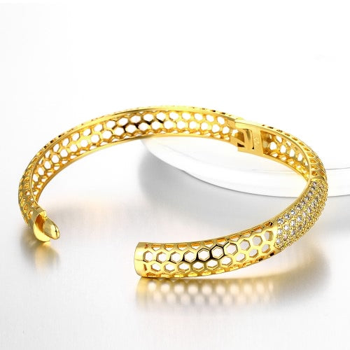 Hollow Hexagons Brass Bangle Bracelet Embedded with AAA Zircon with An Opening Golden & Rose Golden Fashional Accessories for Women