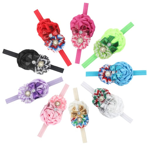 9Pcs Colorful Sweet Style Rose Flowers with Bead Crystal Headband Hairband Headwear Accessories for Girls Kids Infants Baby