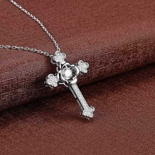 JURE Fashionable S925 Sterling Silver Pendant Rotatable Zirconia Sparkle Pendant Necklace Cross-shaped 18 Inch