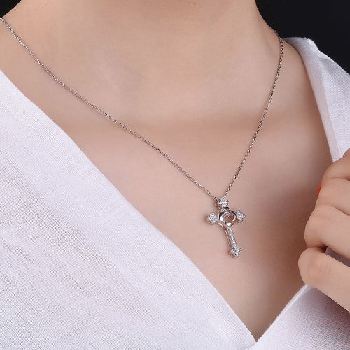 JURE Fashionable S925 Sterling Silver Pendant Rotatable Zirconia Sparkle Pendant Necklace Cross-shaped 18 Inch