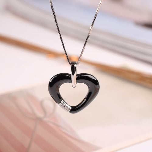 Fashion 925 Sterling Silver Zircon Rhinestone Crystal Ceramic Heart Shape Pendant Women's Necklace