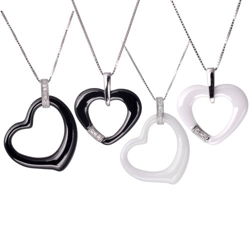 Fashion 925 Sterling Silver Zircon Rhinestone Crystal Ceramic Heart Shape Pendant Women's Necklace