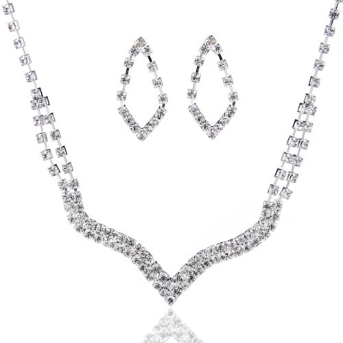 Dazzling Zinc Alloy Rhinestone Crystal Pendant Women's Necklace and Earrings Jewelry Set for Wedding Party