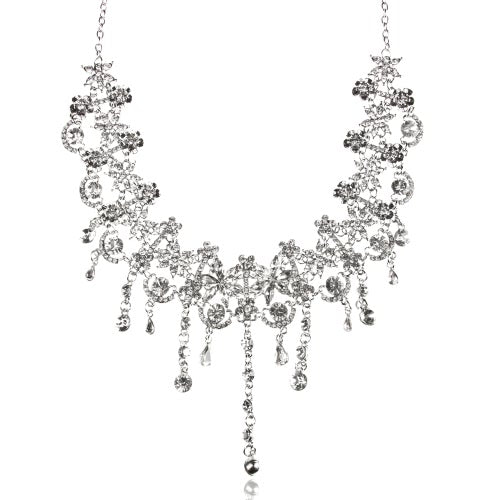 Dazzling Zinc Alloy Rhinestone Crystal Pendant Women's Necklace and Earrings Jewelry Set for Wedding Party