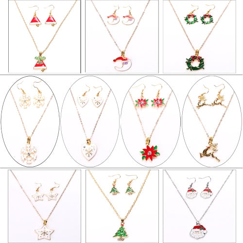 Fashion Charming Christmas Metal Zinc Alloy Necklace Earrings Enamel Jewelry Set for Woman Girls Party Holiday