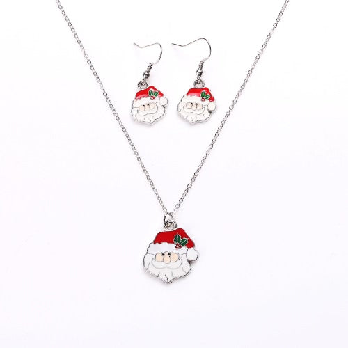 Fashion Charming Christmas Metal Zinc Alloy Necklace Earrings Enamel Jewelry Set for Woman Girls Party Holiday