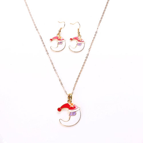 Fashion Charming Christmas Metal Zinc Alloy Necklace Earrings Enamel Jewelry Set for Woman Girls Party Holiday