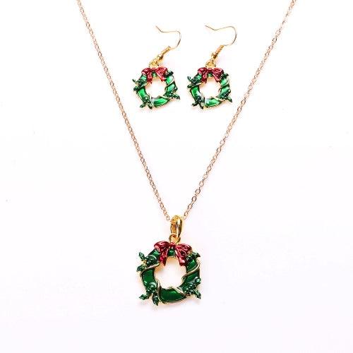 Fashion Charming Christmas Metal Zinc Alloy Necklace Earrings Enamel Jewelry Set for Woman Girls Party Holiday