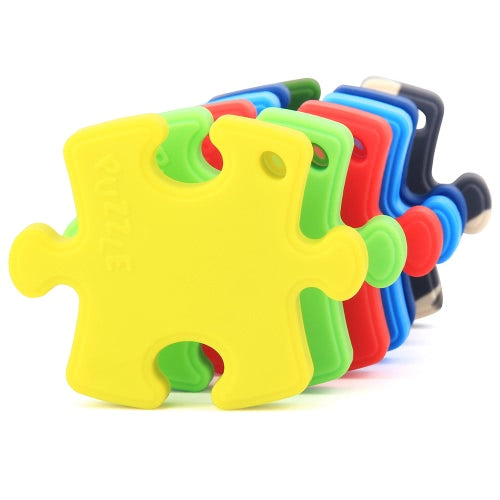 100% Food Grade Silicone Hand Held Irregular Jigsaw Puzzle Autism Awareness Teether Teething Pendant for Necklace Chew Baby Toddler Nursing Jewelry Toy Mom to Wear BPA Free DIY