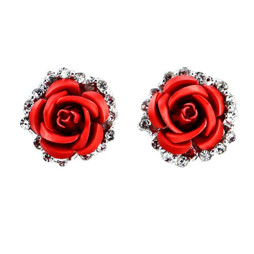 Fashion Alloy Crystal Rhinestone Ear Stud Earrings for Women Girl Rose Flower Red Blue Optional Gift Party Wedding Jewelry Accessories Charming Luxury