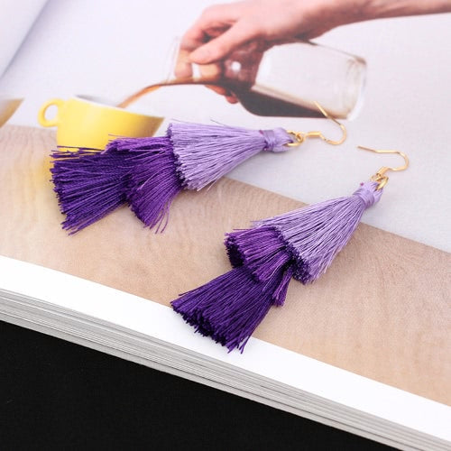 Fashion Retro Bohemia Three-layer Color Long Fringe Dangle Hook Earrings for Women Jewelry