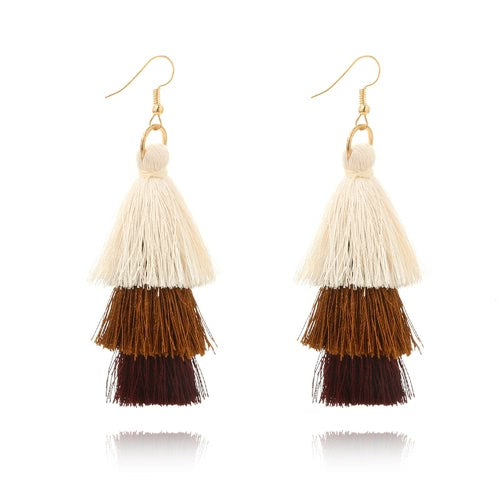 Fashion Retro Bohemia Three-layer Color Long Fringe Dangle Hook Earrings for Women Jewelry