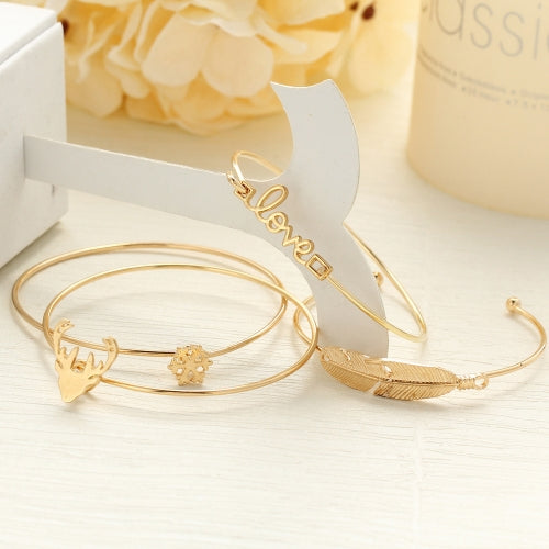 Fashion 4Pcs Bracelet Set Letter Love Cute Antler Feather Shape Alloy Bracelets Opening Design Women Personality Jewelry