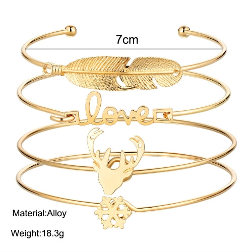 Fashion 4Pcs Bracelet Set Letter Love Cute Antler Feather Shape Alloy Bracelets Opening Design Women Personality Jewelry