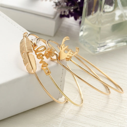 Fashion 4Pcs Bracelet Set Letter Love Cute Antler Feather Shape Alloy Bracelets Opening Design Women Personality Jewelry