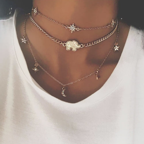 Fashion Multi-layer Necklace Moon Star Elephant Pendant Necklace Clavicle Chain Women Jewelry