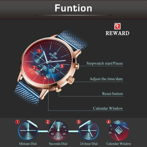 REWARD Men Sport Watches Waterproof Outdoor Wristwatch Stainless Steel