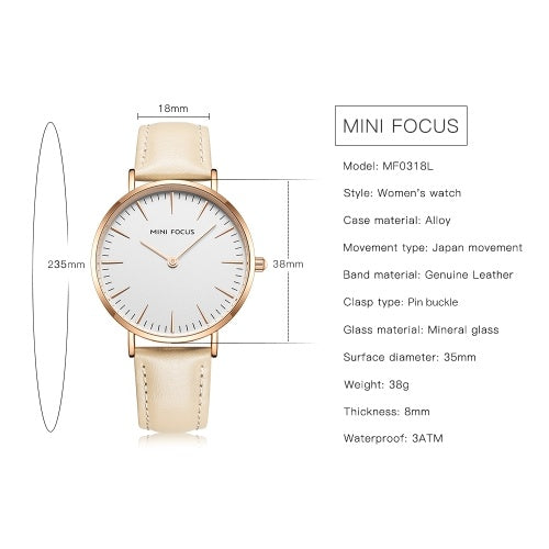 MINI FOCUS Women Quartz Watch Women's Fashion Watches with Leather Strap 3ATM Waterproof Female Wristbands for Business & Daily Life (Box Packaged)