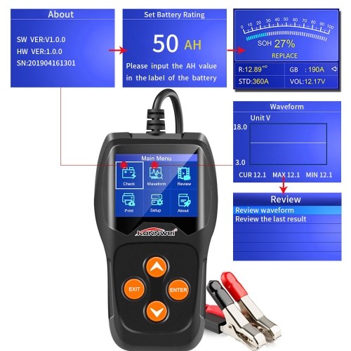 جهاز اختبار بطارية السيارة الاحترافي من KONNWEI (KW600) على نظام التدوير، نظام الشحن 100-2000 CCA 220AH، محلل حمل البطارية التلقائي، جهاز اختبار المولد - اختبار الجهد الموجي لجميع السيارات/سيارات الدفع الرباعي 12 فولت