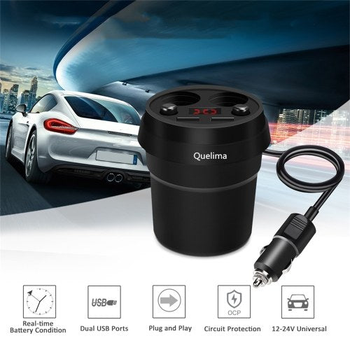 Quelima Car Cup Charger Car Charger Socket Dual USB Quick Chargers Car Adapter with Dual Car Cigarette Lighter Socket Lighter Digital Display for Cellphones, iPad, GPS & Dash Cam (Black)