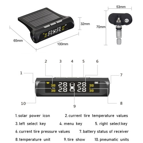 نظام مراقبة ضغط الإطارات TPMS للسيارة، شحن بالطاقة الشمسية، شاشة LCD رقمية عالية الدقة، نظام إنذار تلقائي، لاسلكي مع 4 أجهزة استشعار