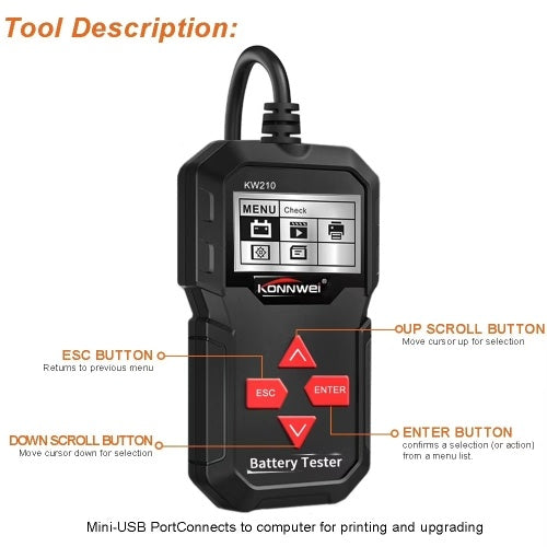 KONNWEI KW210 12 فولت جهاز اختبار بطارية السيارة الرقمي متعدد اللغات أداة اختبار المحلل