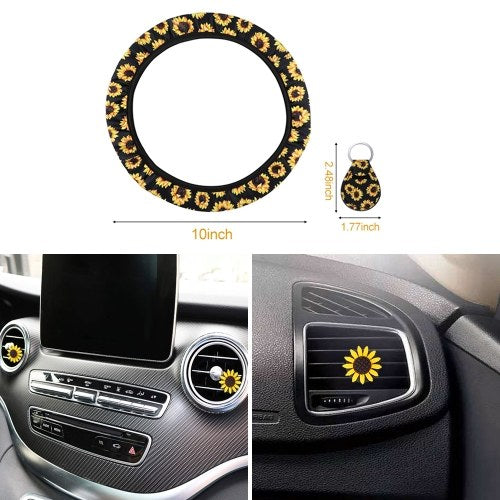 6 Pieces Sunflower Car Accessories Set Include Sunflower Steering Wheel Cover,1 Piece Keyring,2 Pieces Seat Belt Covers,2 Pieces  Car Vent