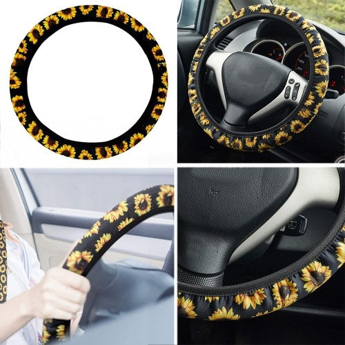 5 Pieces Sunflower Car Accessories Set Include Sunflower Steering Wheel Cover,2 Piece Keyring,2 Pieces Car Vent