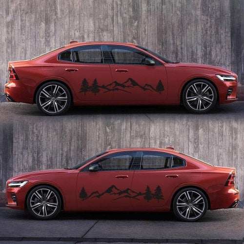 2Pcs Car Side Body Stickers Black Mountain Decals Tree Forest Custom PVC Graphic Car Decals Accessories