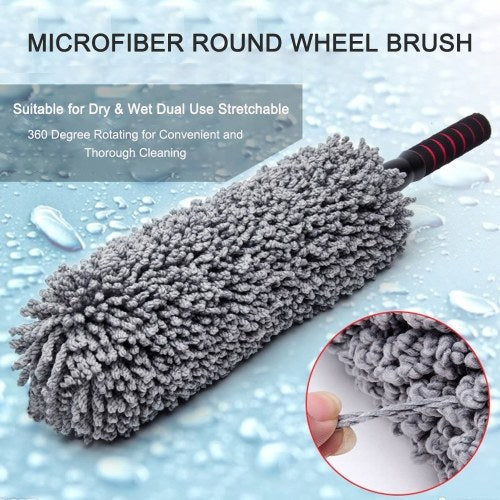 Microfibre Wheel Brush Dust-cleaning Brush Large Grey Round Telescopic Rod 360 Degree Rotating Ultra Soft Completely Safe Car Wheel Cleaning Tool